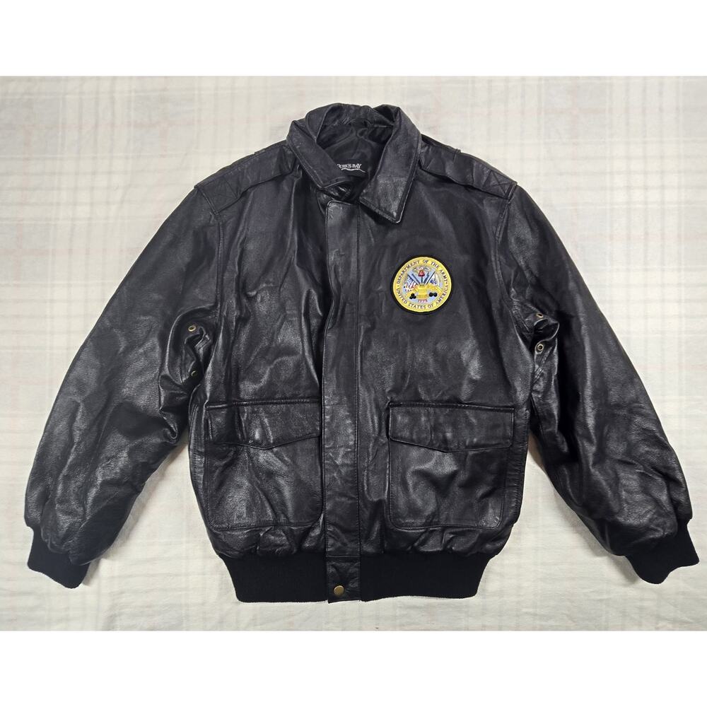 VTG Burk's Bay Mens Leather Bomber Jacket Department of The Navy Patch Black S